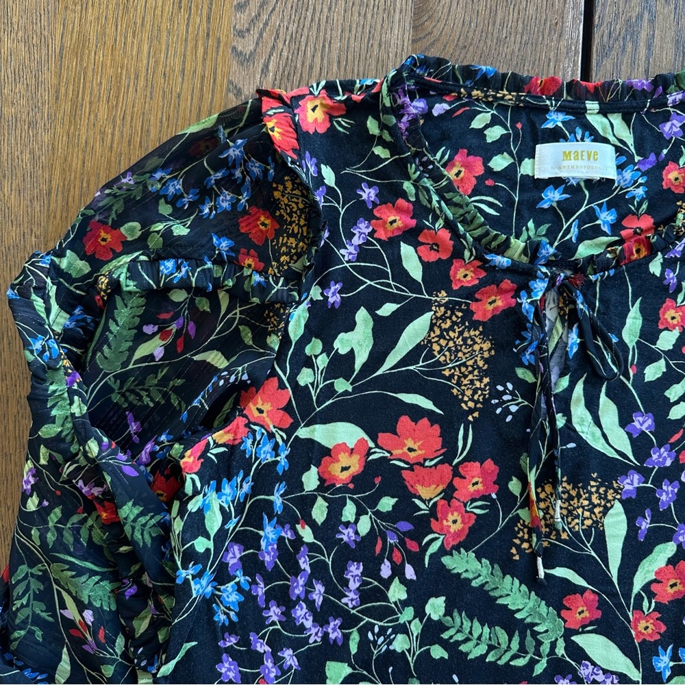 Maeve by Anthropologie Jacquin Peasant Blouse Black Floral Long Sleeve Women’s - Picture 3 of 16